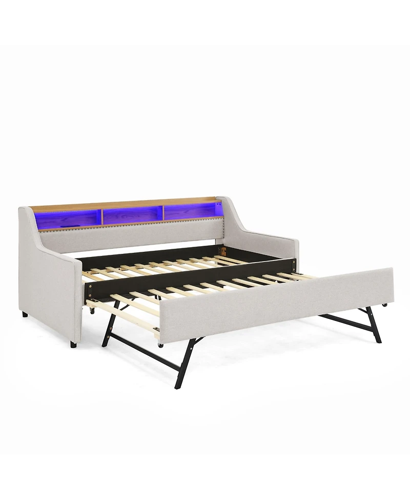 Streamdale Furniture Twin Size Upholstery Sofa Bed with Three Led lights, with Storage Adjustable Headboard, with Foldable Leg Pull up Trundle Bed and