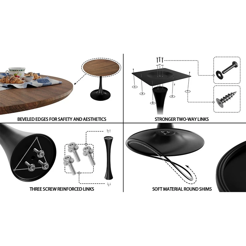 Simplie Fun Walnut circular dining table, 31.5" tulip dining table, kitchen dining table for 2-4 people, Mdf tabletop and base, and 2 black Pu black m