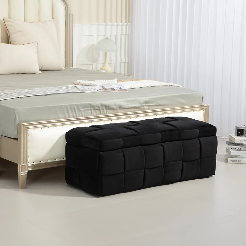 Storage Ottoman, Bedroom End Bench, Upholstered Fabric Storage Ottoman with Safety Hinge, Entryway Padded Footstool, Ottoman Bench for Living Room & B