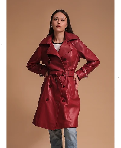 Women's Leather Trench Coat, Burgundy, Created for Macy's