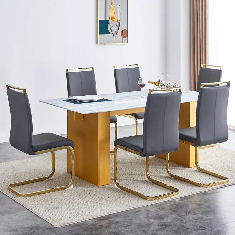 Simplie Fun Table and chair set.Large modern rectangular table with 0.4 inch patterned glass tabletop and large Mdf table legs.Comes with 6 chairs wit
