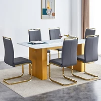 Simplie Fun Table and chair set.Large modern rectangular table with 0.4 inch patterned glass tabletop and large Mdf table legs.Comes with 6 chairs wit