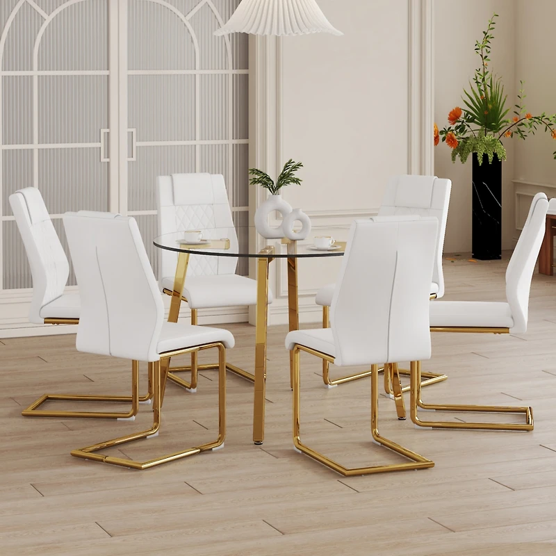 Streamdale Furniture Table and chair set.a Modern Minimalist Style Round Clear Tempered Glass Table with Metal Legs.Paired with white chairs with Mode