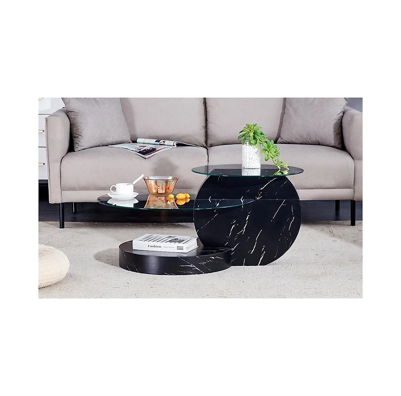 Modern and practical double-deck round table. Double storage space, made of glass tabletop and Mdf table legs. Suitable for living room and bedroom an
