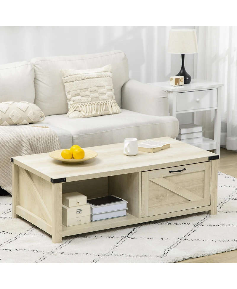Farmhouse Coffee Table with Storage and Drawer, Rustic Coffee Table for Living Room, Open Shelf, Pale Oak