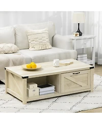 Farmhouse Coffee Table with Storage and Drawer, Rustic Coffee Table for Living Room, Open Shelf, Pale Oak