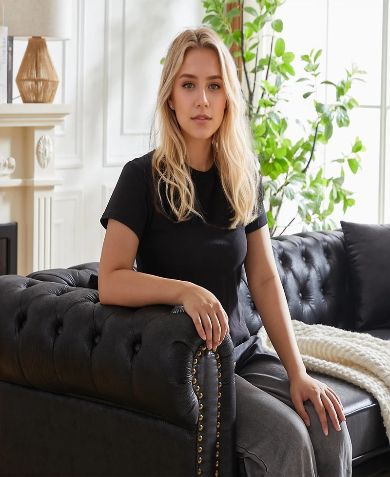 Streamdale Furniture 85.5" Living Room with Tech Fabric Chesterfield Sofa with Rolled Arms 3 Seater Sofa with Button Design and 2 Cushions for Apartme