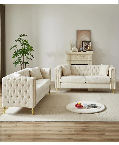 Streamdale Furniture Chenille Pull Buckle Design Sofa for Living Room, Buttons Tufted With Copper Nail Decoration Armrest, Modern Couch Upholstered Bu