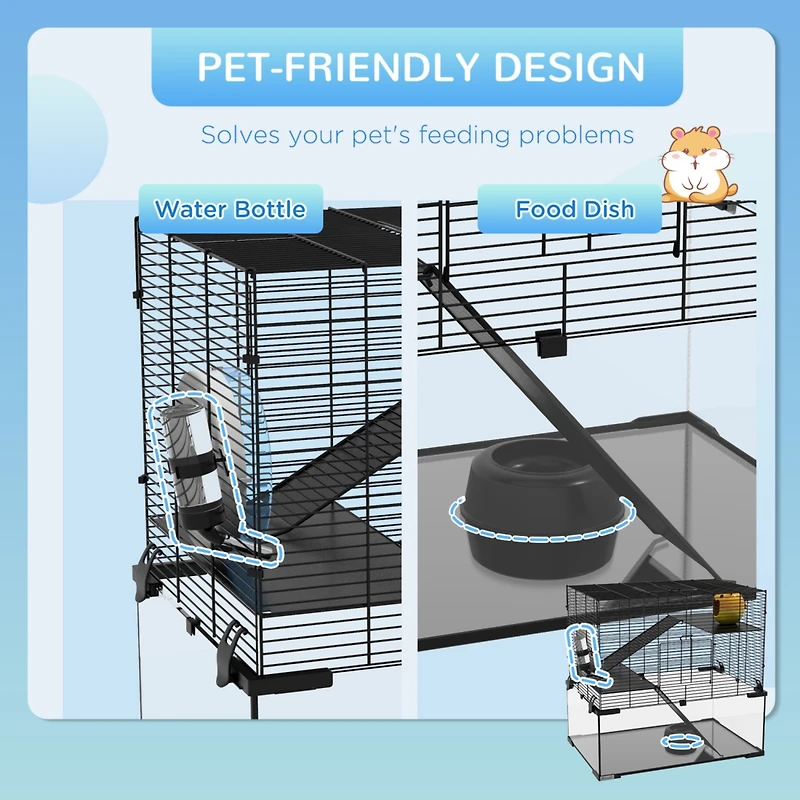 Hamster Cage, 23.5" Gerbil Cage with Glass Basin, Ramps, Platforms, Hut, Exercise Wheel, for Small Hamsters, Black