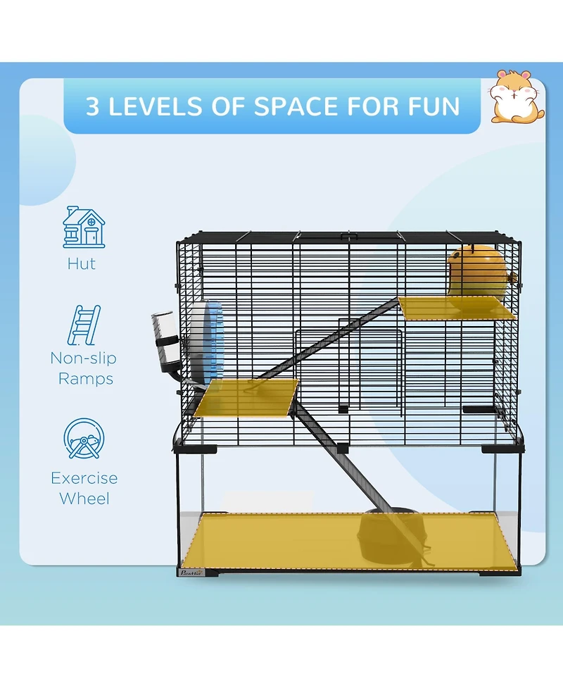 Hamster Cage, 23.5" Gerbil Cage with Glass Basin, Ramps, Platforms, Hut, Exercise Wheel, for Small Hamsters, Black