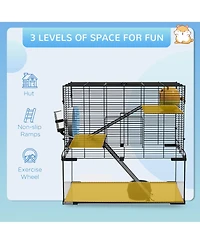Hamster Cage, 23.5" Gerbil Cage with Glass Basin, Ramps, Platforms, Hut, Exercise Wheel, for Small Hamsters, Black