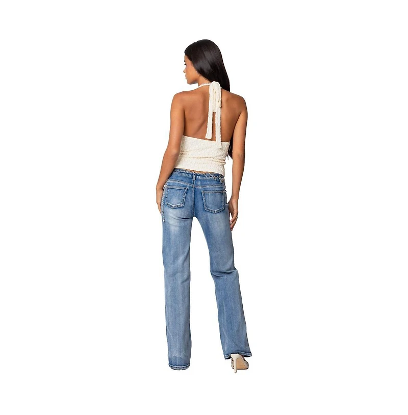 Edikted Womens Boot Cut Washed Low Rise Jeans
