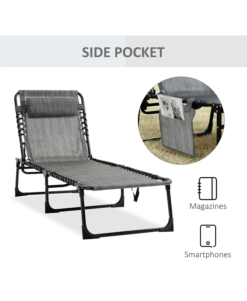 Reclining Chaise Lounge Chair, Portable Sun Lounger, Folding Camping Cot, with Adjustable Backrest and Removable Pillow, for Patio, Garden, Beach, Gre