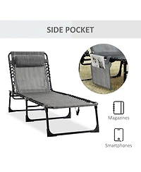 Reclining Chaise Lounge Chair, Portable Sun Lounger, Folding Camping Cot, with Adjustable Backrest and Removable Pillow, for Patio, Garden, Beach, Gre