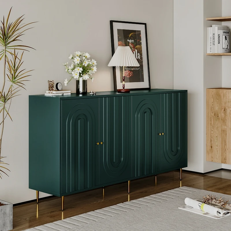 Simplie Fun Modern Green Lacquered 4 Door Wooden Cabinet Sideboard Buffet Server Cabinet Storage Cabinet, for Living Room, Entryway, Hallway, Office,