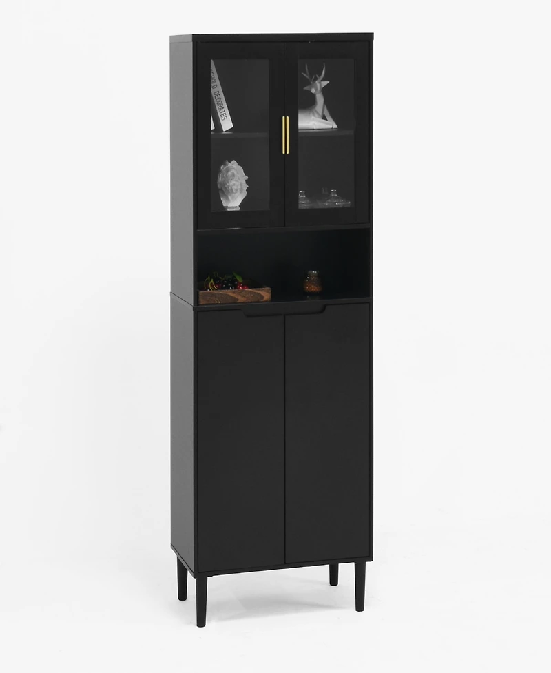 Streamdale Furniture Tall Storage Show Cabinet with 2 Glass Display Door & 2 Doors, Tall Kitchen Pantry Cabinet with Gold Handles, Modern Cabinet Free