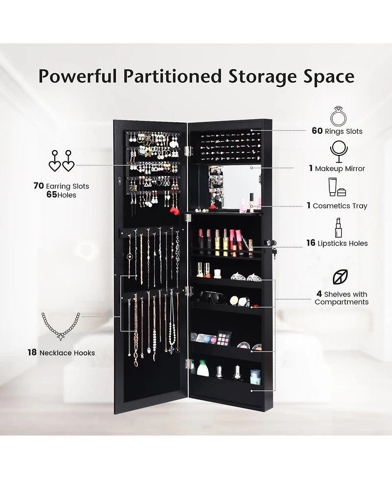 Sugift Lockable Wall Door Mounted Mirror Jewelry Cabinet with Led Lights