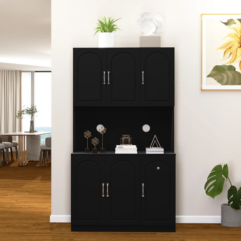 Simplie Fun 71" Kitchen Pantry Storage Cabinet with Microwave Oven Countertop, Freestanding Hutch Cabinet with Adjustable Shelves, 6 Doors and 1 Drawe