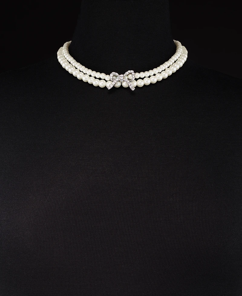 Charter Club Silver-Tone Pave Bow & Imitation Pearl Layered Necklace, 16" + 2" extender, Created for Macy's
