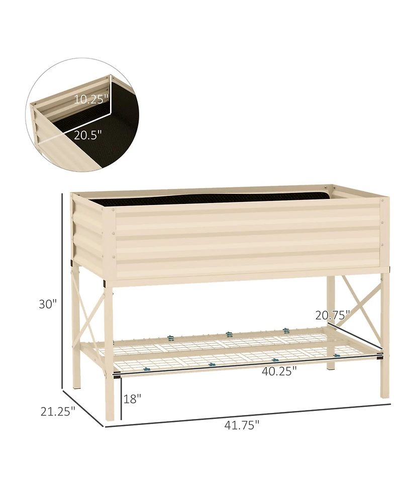 Raised Garden Bed with Galvanized Steel Frame, Storage Shelf and Bed Liner, Elevated Planter Box with Legs for Vegetables, Flowers, Herbs, Cream
