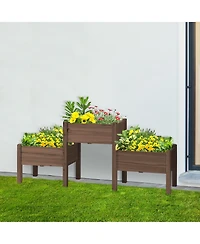 Raised Garden Bed with 3 Planter Box, Elevated Wooden Plant Stand with Drainage Holes, for Vegetables, Herb and Flowers, Coffee