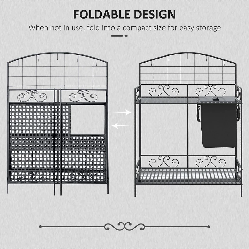 Folding Potting Bench Table, Metal Garden Workstation, Work Bench with Large Build-In Bag with Cover, 5 Hanging Hooks & Storage Shelf, Flourishes