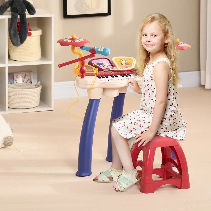 2 in 1 Kids Piano Keyboard with Drum Set, 32-Key Electronic Musical Instrument with Multiple Sounds, Lights, Microphone, Stool, MP3, U-disk, Auto-Hibe
