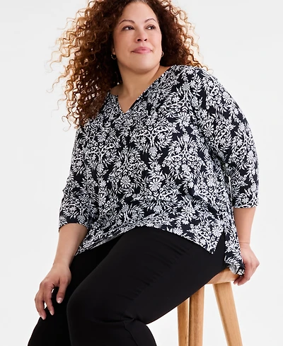 Style & Co Plus Printed Pintucked Top, Exclusively at Macy's