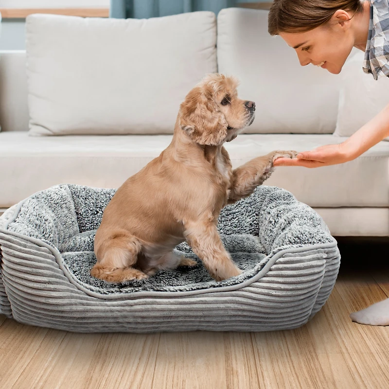 Details Rectangle Dog Bed, Durable Sleeping Calming Cuddler for Pets, Super Plush Corduroy Sherpa