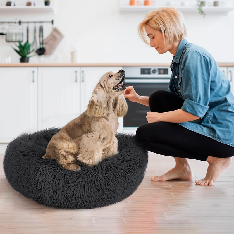 Details Calming Dog and Cat Bed, Soft Round Donut Bed for Pets, Super Lux
