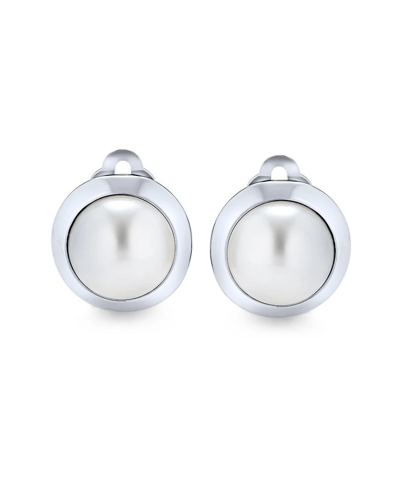 Bling Jewelry Simple Button Style Round Dome Bezel Pearl Clip-On Earrings Silver Plated Brass