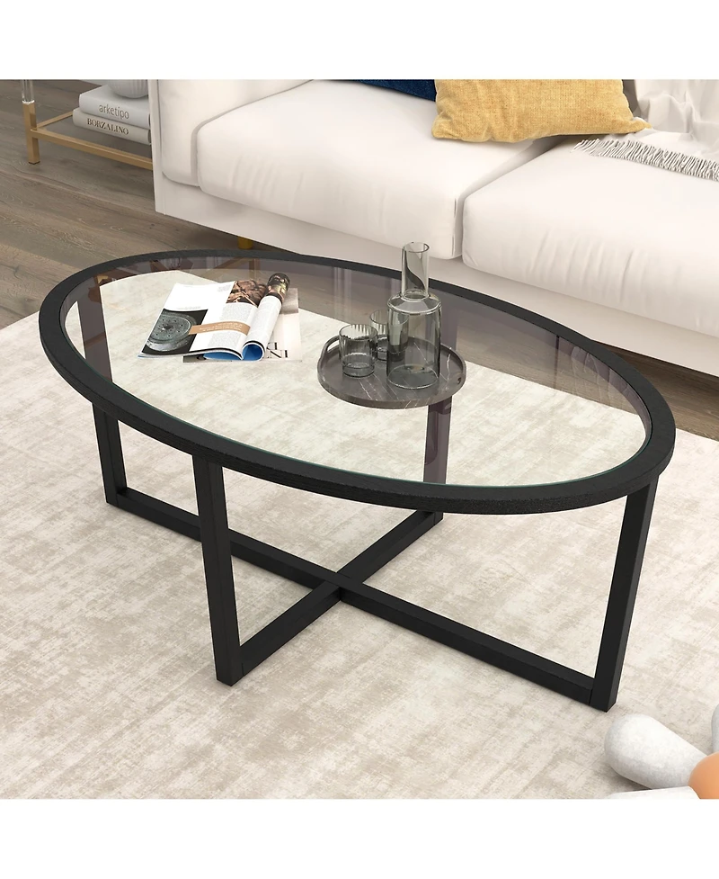 Gymax Modern Glass Coffee Table w/ Cross Base & Acacia Wood Legs for Small Spaces