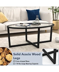 Gymax Modern Glass Coffee Table w/ Cross Base & Acacia Wood Legs for Small Spaces