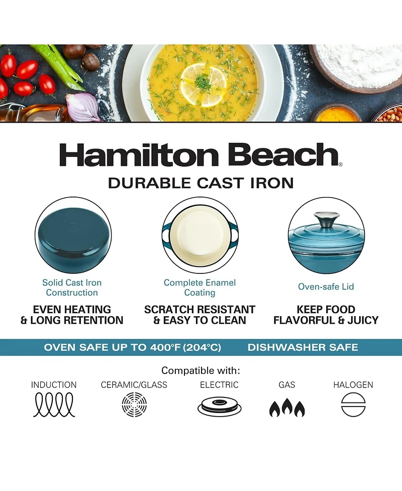 Hamilton Beach Enameled Cast Iron Dutch Oven Gray (3-Quart) | Cream Enamel Coating Dutch Oven Pot with Lid | Cast Iron Dutch Oven with Even Heat Distr