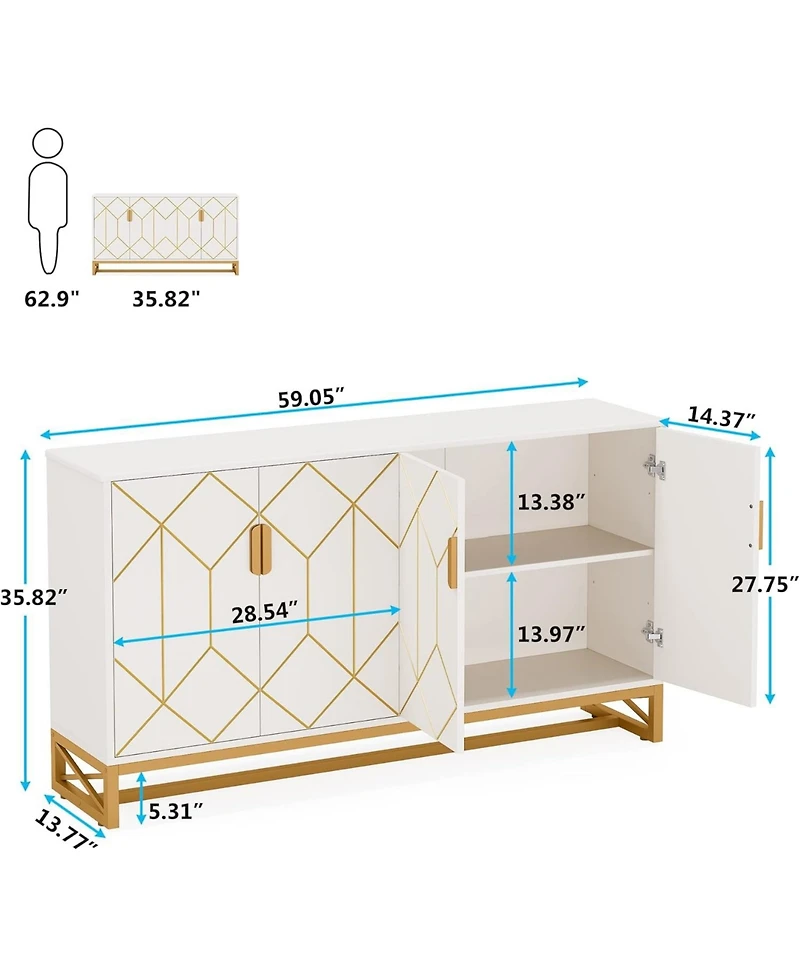 Tribesigns 59" White Gold Buffet Cabinet with Storage Kitchen Sideboard Storage Cabinet