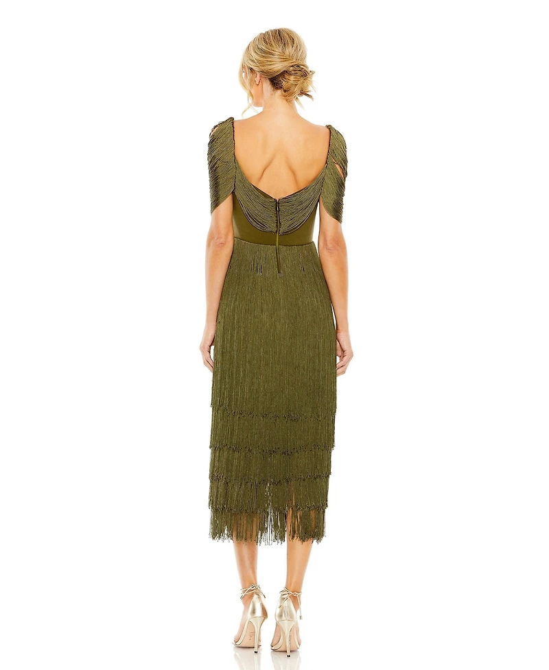 Mac Duggal Women's Short Sleeve Fringe Detailed Midi Dress