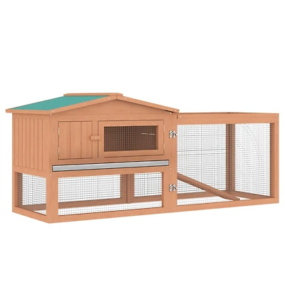 Rabbit Hutch 2-Story Bunny Cage Small Animal House with Slide Out Tray, Detachable Run, for Indoor Outdoor, 61.5" x 23" x 27", Natural