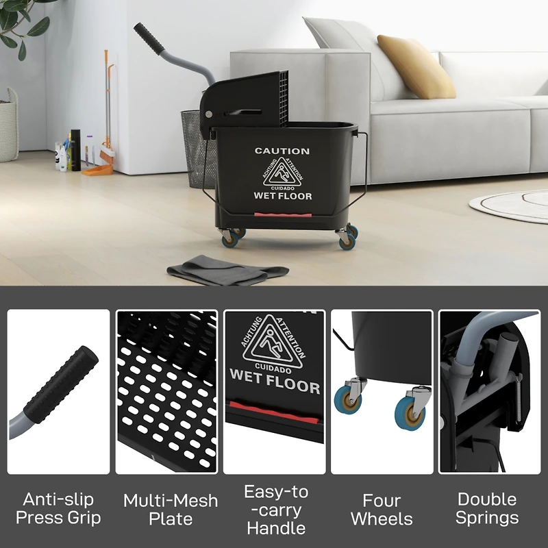 Mop Bucket with Wringer on Wheels for Floor Cleaning, 21 Quart, Separate Dirty and Clean Water, Black