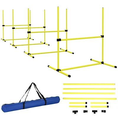4 Piece Dog Agility Training Equipment for Dog Agility Course with Adjustable Height Jump Bars, Included Carry Bag, & Displacing Top Bar, Yellow