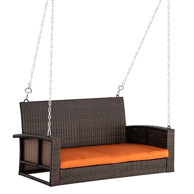 2 Person Wicker Hanging Swing Bench, Front Porch Swing Outdoor Chair with Cushions 550 lbs. Weight Capacity for Backyard, Garden, Orange