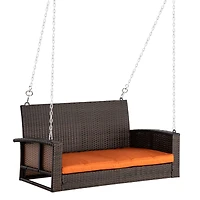 2 Person Wicker Hanging Swing Bench, Front Porch Swing Outdoor Chair with Cushions 550 lbs. Weight Capacity for Backyard, Garden, Orange