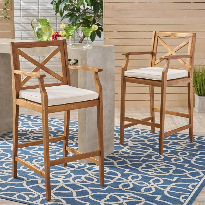 Streamdale Acacia Wood Outdoor Barstools With Water-Resistant Cushions (Set Of 2)