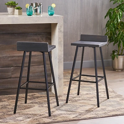 Bidwell Acacia Wood And Iron Bar Stools With Footrests