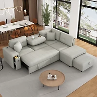 Simplie Fun 86.6" Sectional Sofa L-shaped Sofa Couch Pull-out Sofa Bed with a Movable Ottoman, Two Usb Ports and Two Cup Holders for Living Room, Gray
