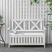 Patio Wooden Bench with Storage Box, 29 Gallon Outdoor Storage Bench, Large Entryway Deck Box w/ Unique X-Shape Back, for Deck, Porch & Balcony, White