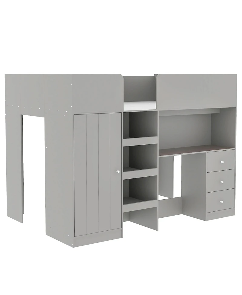 Simplie Fun Wood Full Size Loft Bed with Built-in Wardrobe, Desk, Storage Shelves and Drawers, Grey