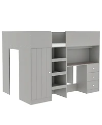 Simplie Fun Wood Full Size Loft Bed with Built-in Wardrobe, Desk, Storage Shelves and Drawers, Grey