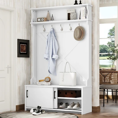 Streamdale Stylish Hall Tree with Storage Bench, Coat Hooks, and Sliding Doors