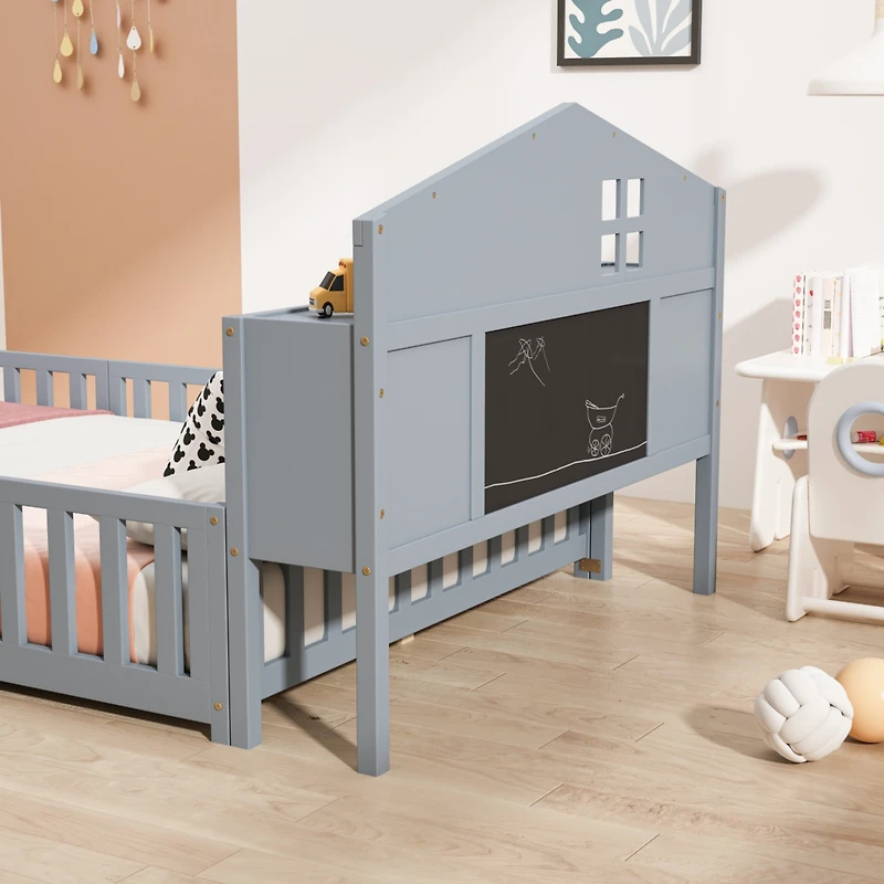 Simplie Fun Full-size Floor Beds with Bookcases and Blackboards, Versatile Platform Beds with Guard rails, Solid Wood Floor Beds with Storage Headboar