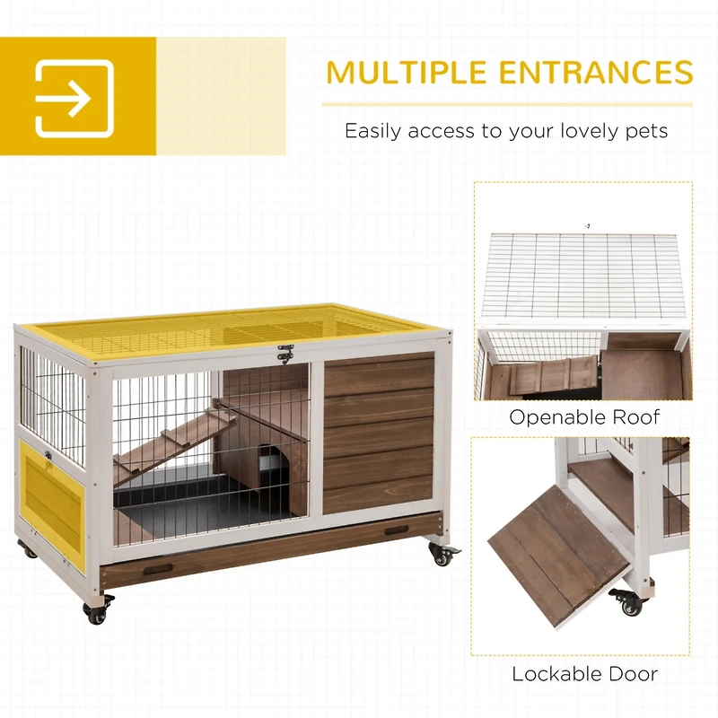 Wooden Rabbit Hutch Indoor Outdoor, Elevated Bunny Cage with No Leak Tray Enclosed Run with Wheels, Ideal for Guinea Pigs and Small Animals, Brown